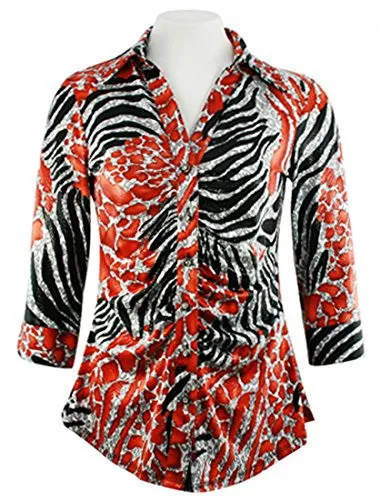 Mesmerize - Laminated Animal, 3/4 Sleeve, Rhinestone Button Rouching Front Top