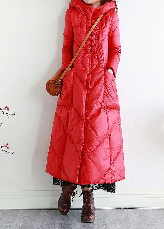 Modern Purple Hooded Oriental Button Lengthen Duck Down Puffer Coat Winter