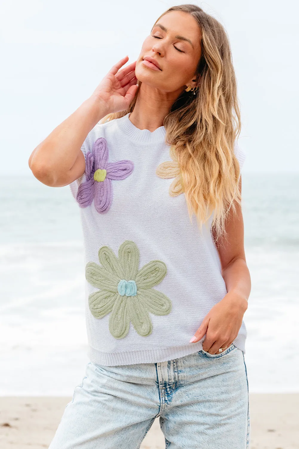 Multi Crochet Flower Knit Sweater Tops