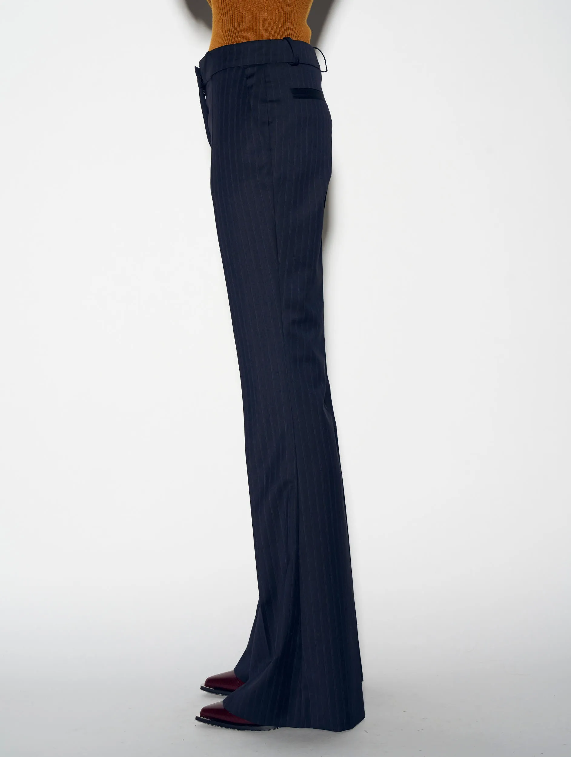 Navy striped wool flared suit trousers