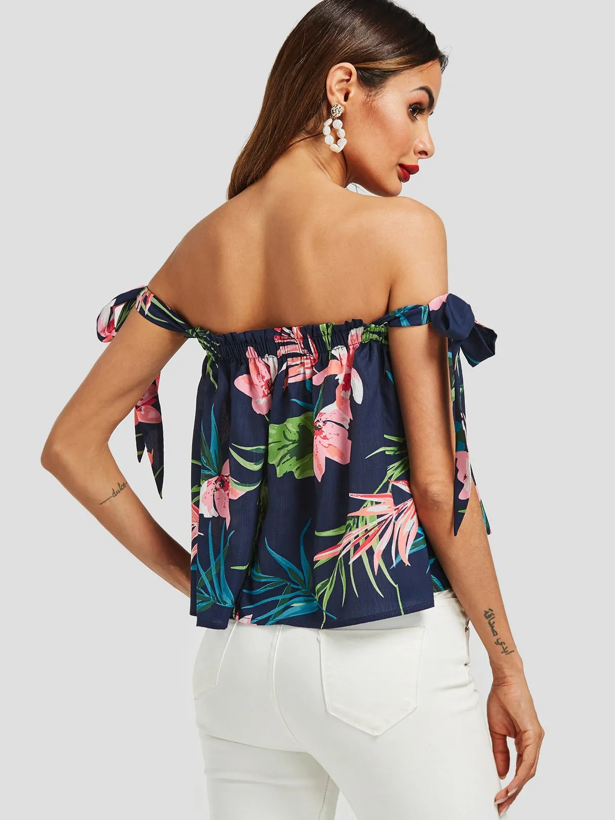 OEM ODM Off The Shoulder Floral Print Self-Tie Sleeveless Navy Blouses