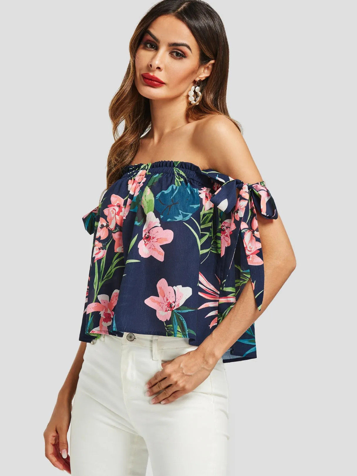 OEM ODM Off The Shoulder Floral Print Self-Tie Sleeveless Navy Blouses