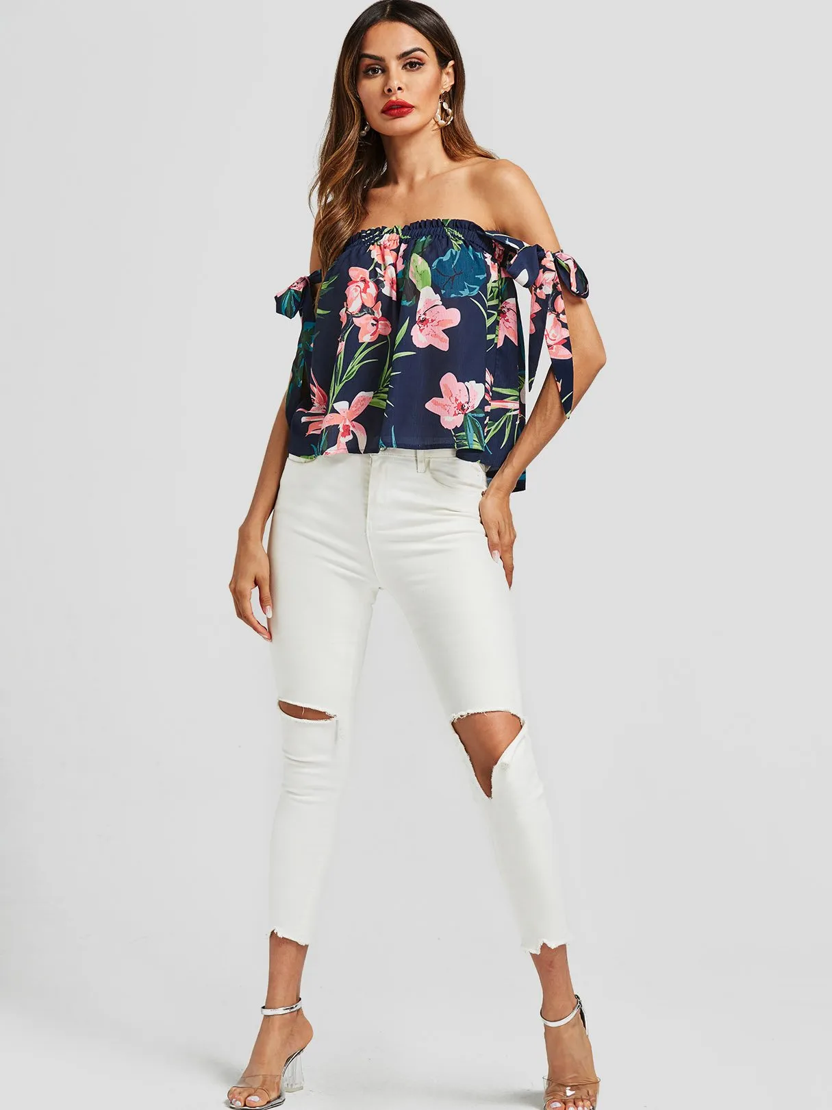 OEM ODM Off The Shoulder Floral Print Self-Tie Sleeveless Navy Blouses