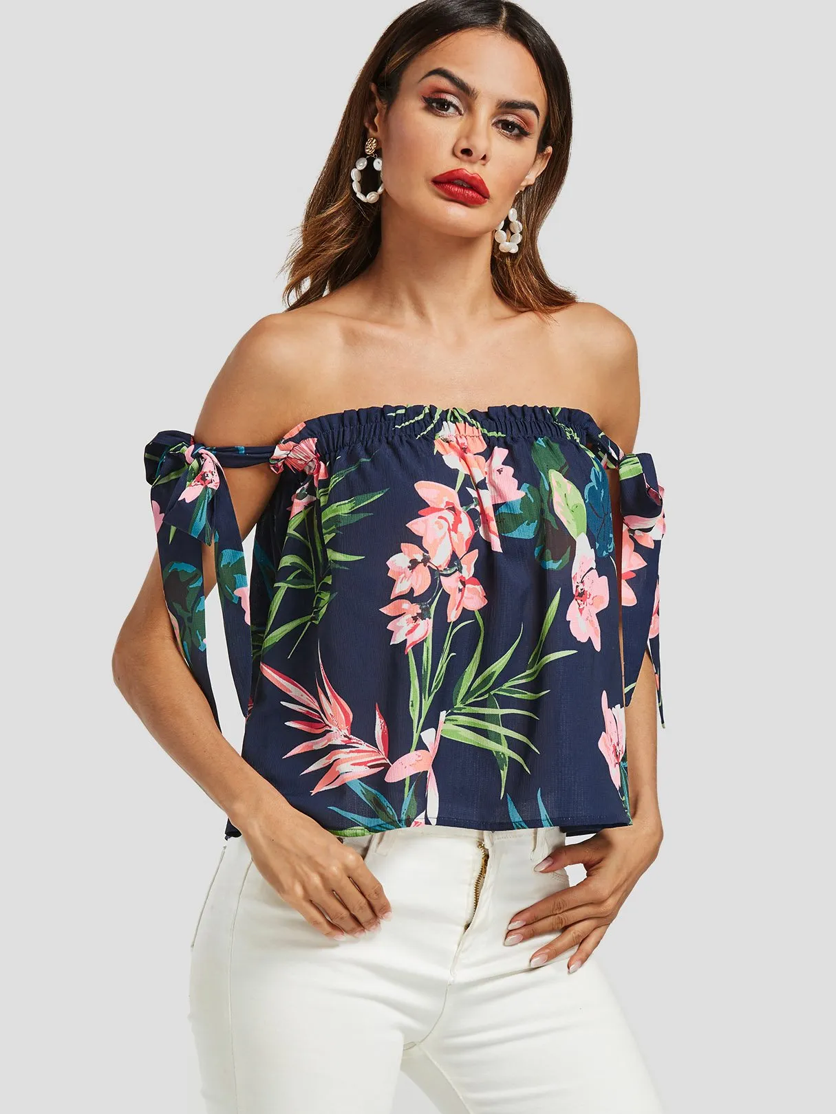 OEM ODM Off The Shoulder Floral Print Self-Tie Sleeveless Navy Blouses