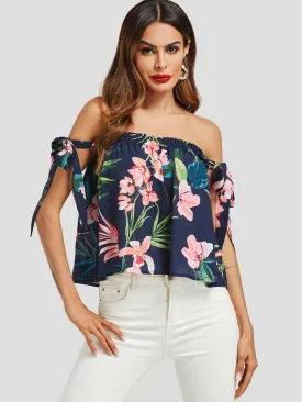 OEM ODM Off The Shoulder Floral Print Self-Tie Sleeveless Navy Blouses