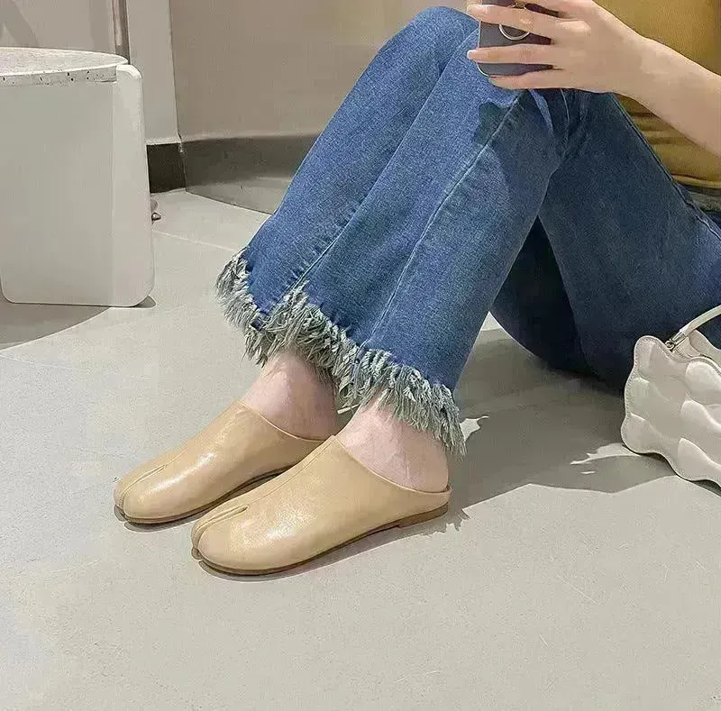 Outer Wear Split Toe Sheepskin Closed Toe Half  Leathers Slippers for Women