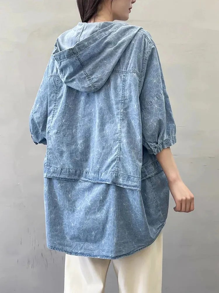 Oversized Hooded Casual Denim Blouse