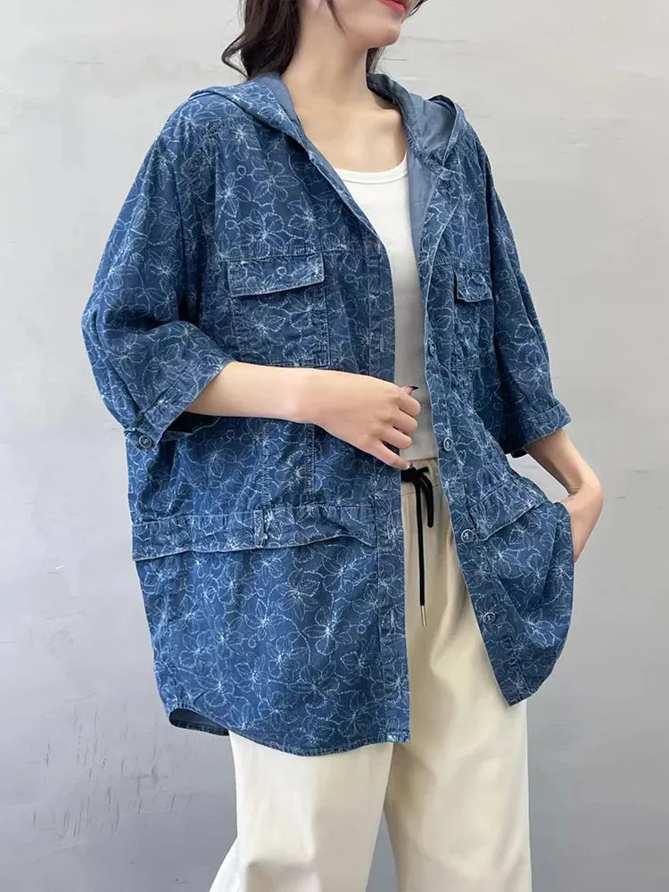 Oversized Hooded Casual Denim Blouse