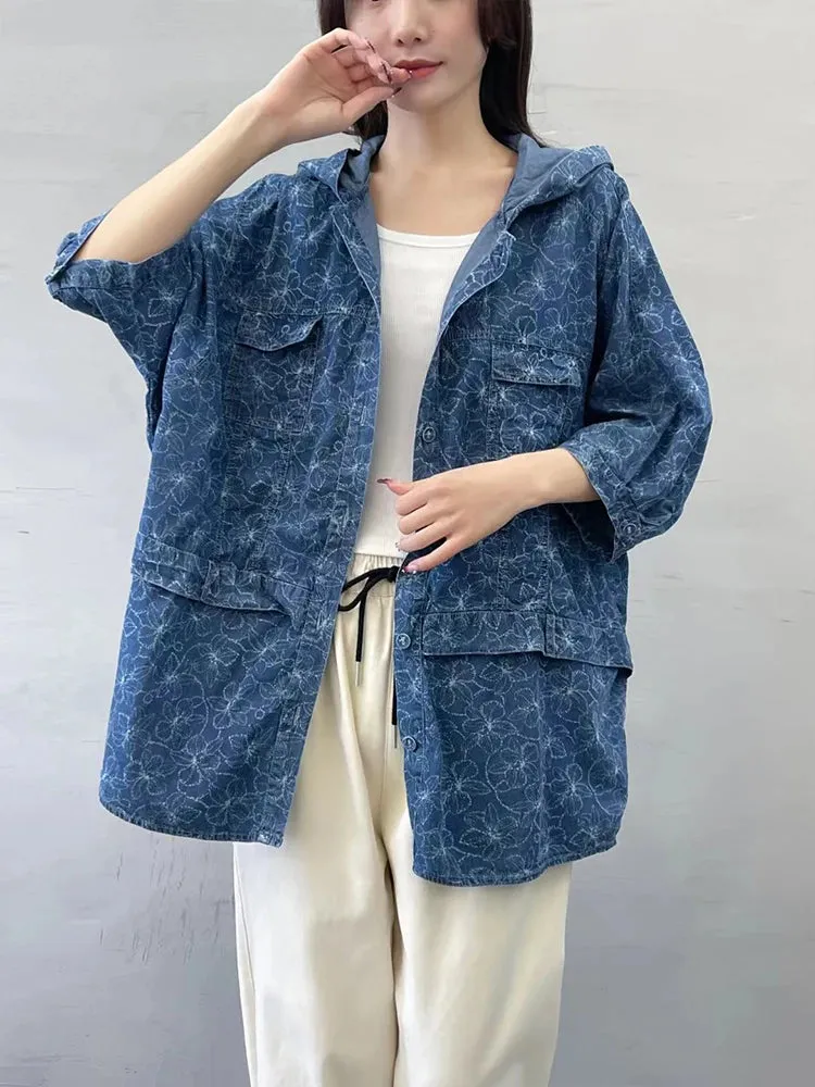 Oversized Hooded Casual Denim Blouse