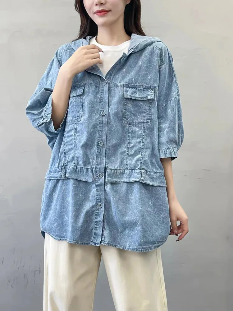 Oversized Hooded Casual Denim Blouse