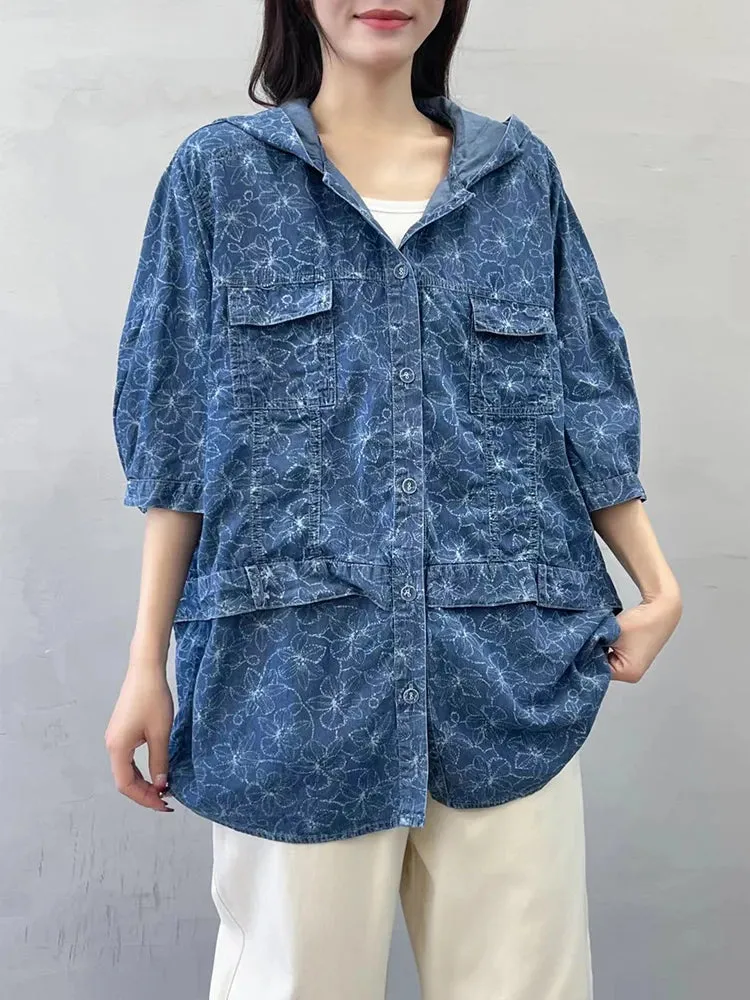 Oversized Hooded Casual Denim Blouse