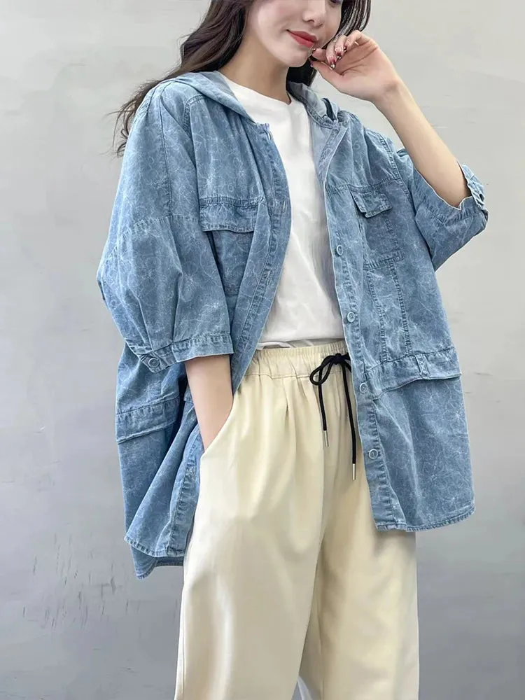 Oversized Hooded Casual Denim Blouse