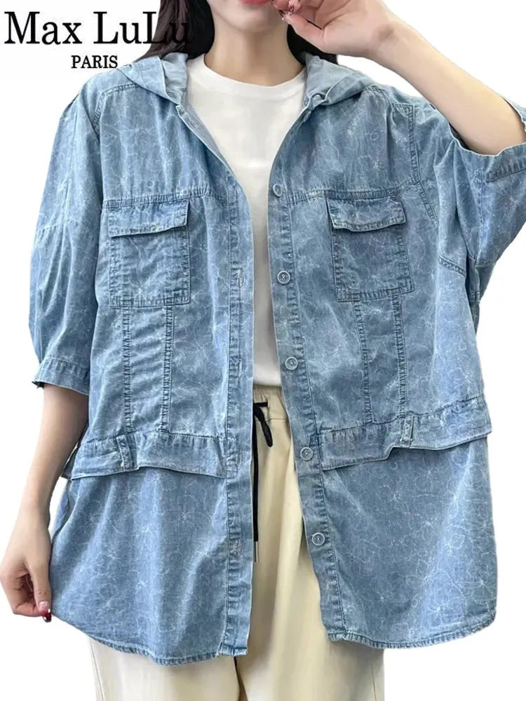 Oversized Hooded Casual Denim Blouse