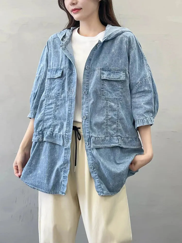 Oversized Hooded Casual Denim Blouse