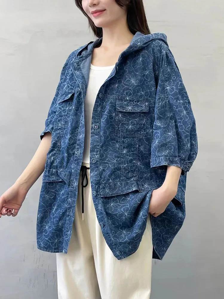 Oversized Hooded Casual Denim Blouse