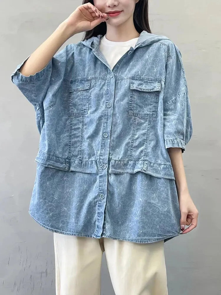 Oversized Hooded Casual Denim Blouse