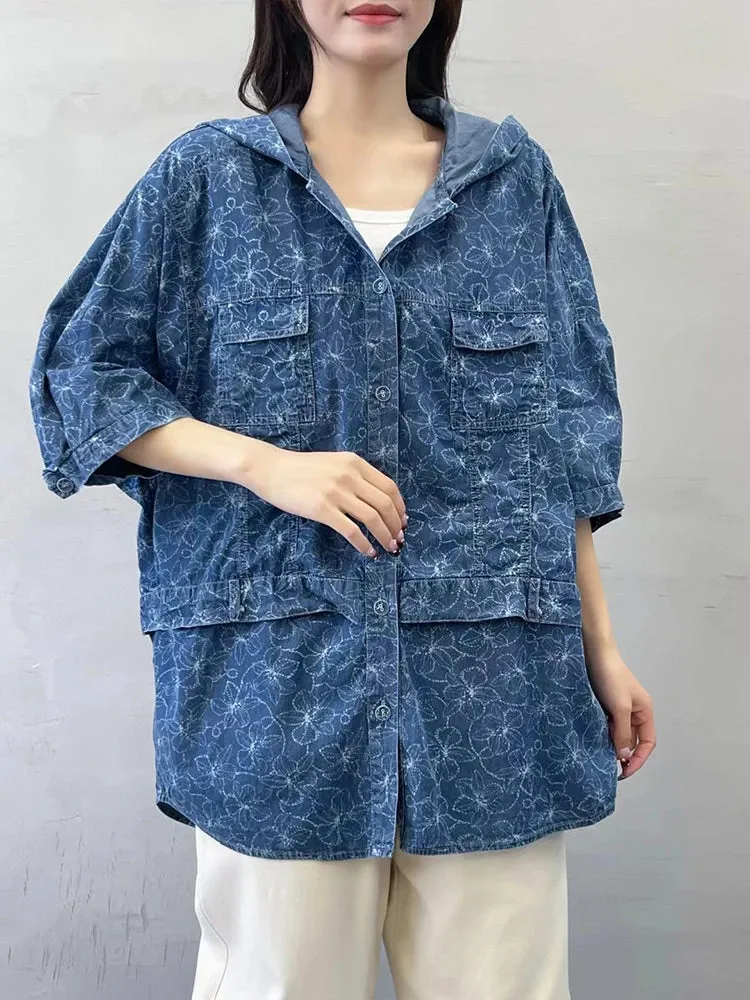 Oversized Hooded Casual Denim Blouse