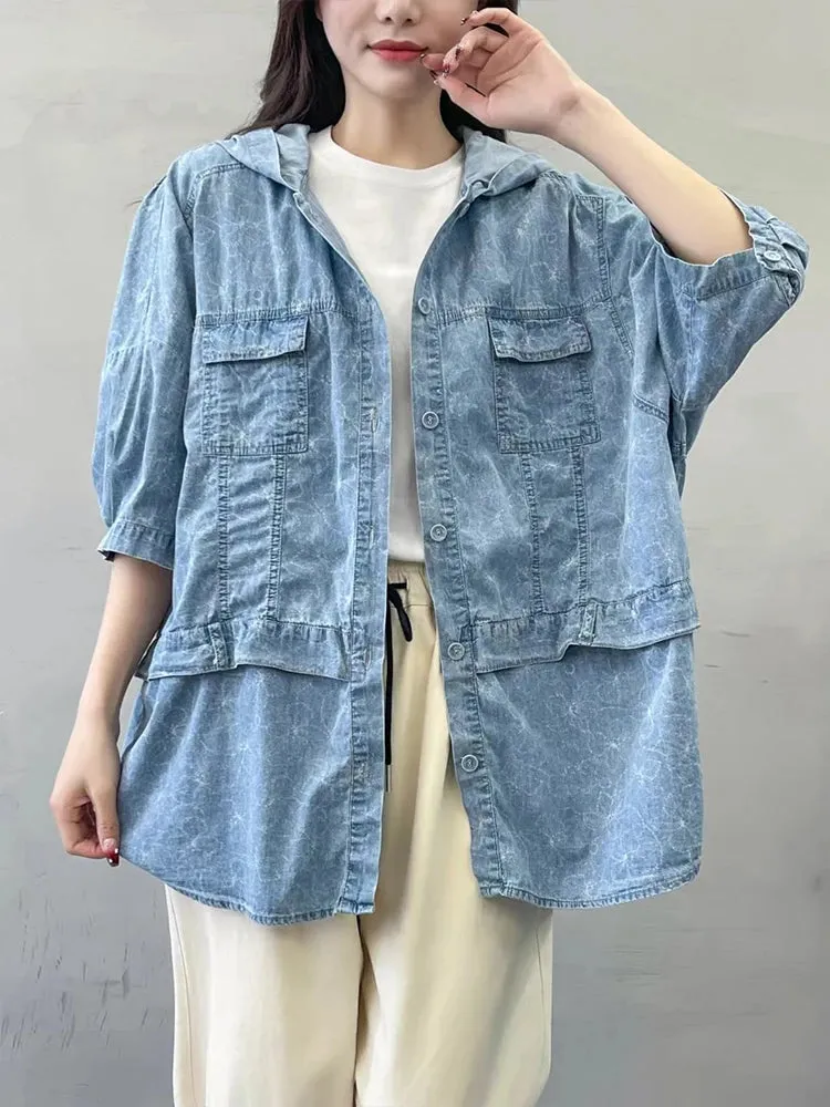 Oversized Hooded Casual Denim Blouse