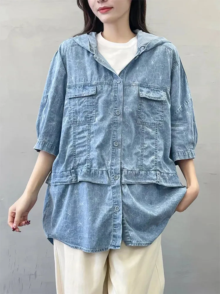 Oversized Hooded Casual Denim Blouse