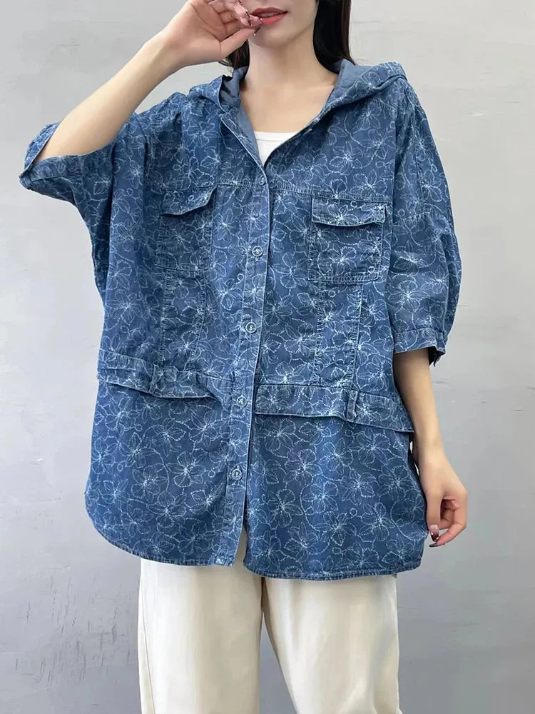 Oversized Hooded Casual Denim Blouse