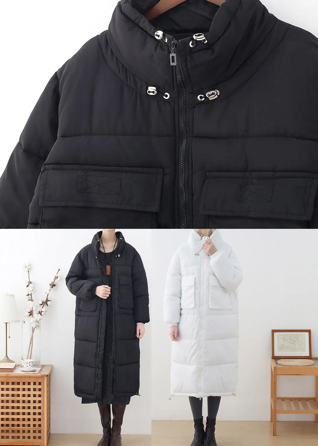 Plus Size Black Stand Collar Zippered Thick Long Parka Winter