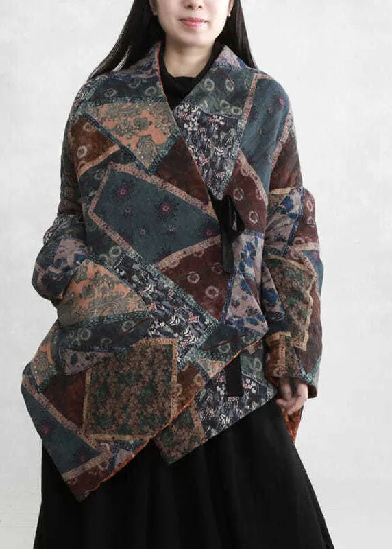 Plus Size Green Asymmetrical Design Print Fine Cotton Filled Coats Winter