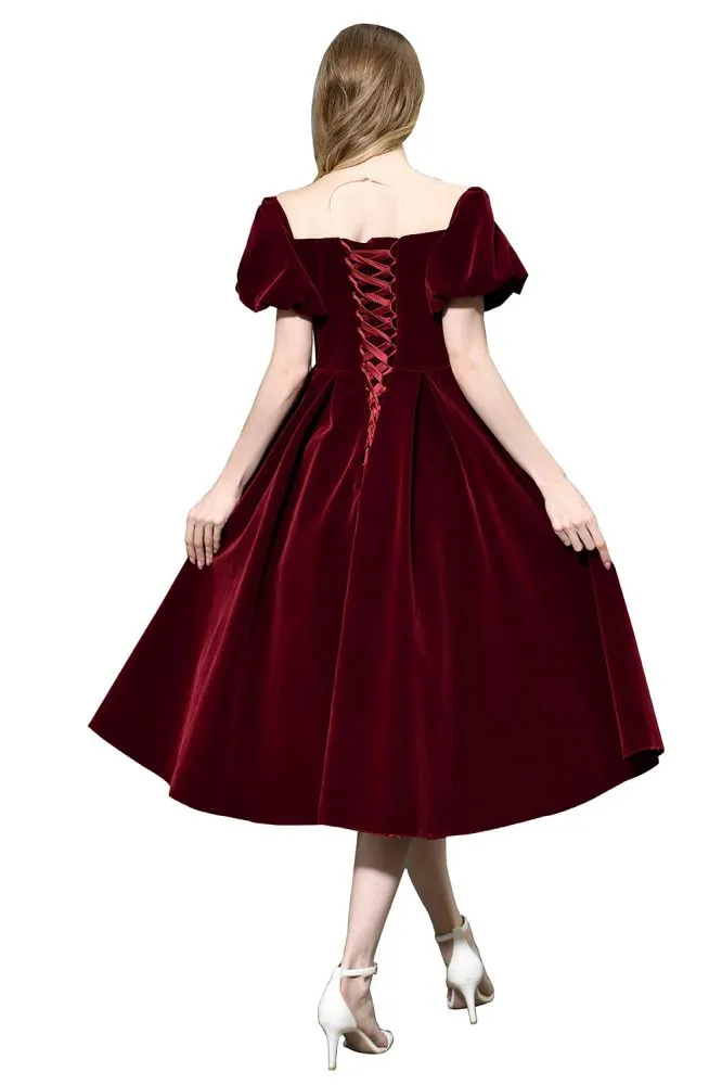 Puff Sleeve Ankle Length  Velvet Daily Casual Dress Deep V-Neck Vintage Party Dress