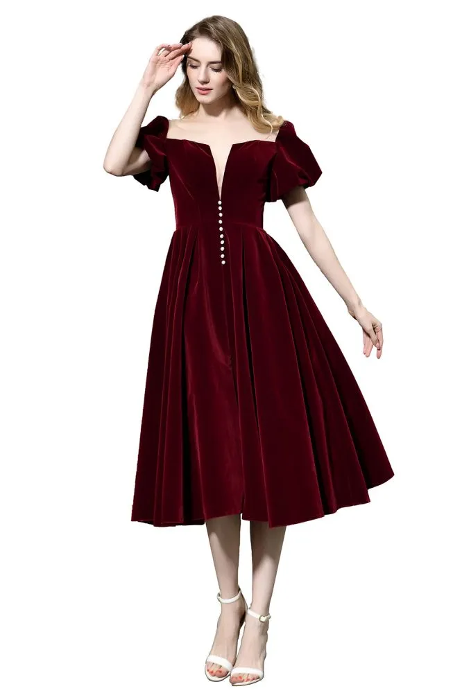 Puff Sleeve Ankle Length  Velvet Daily Casual Dress Deep V-Neck Vintage Party Dress