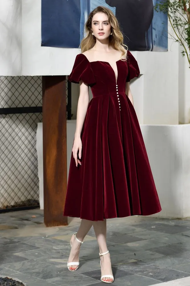 Puff Sleeve Ankle Length  Velvet Daily Casual Dress Deep V-Neck Vintage Party Dress