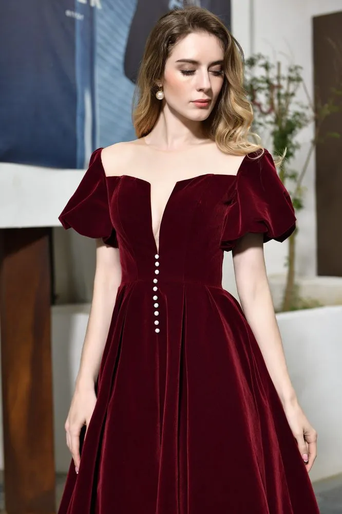 Puff Sleeve Ankle Length  Velvet Daily Casual Dress Deep V-Neck Vintage Party Dress