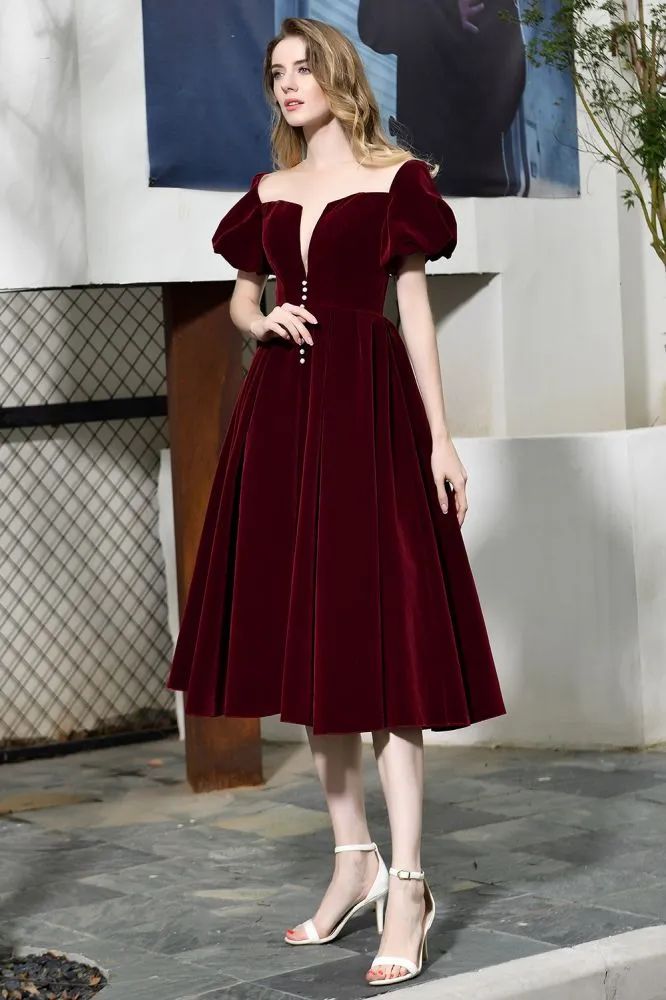 Puff Sleeve Ankle Length  Velvet Daily Casual Dress Deep V-Neck Vintage Party Dress