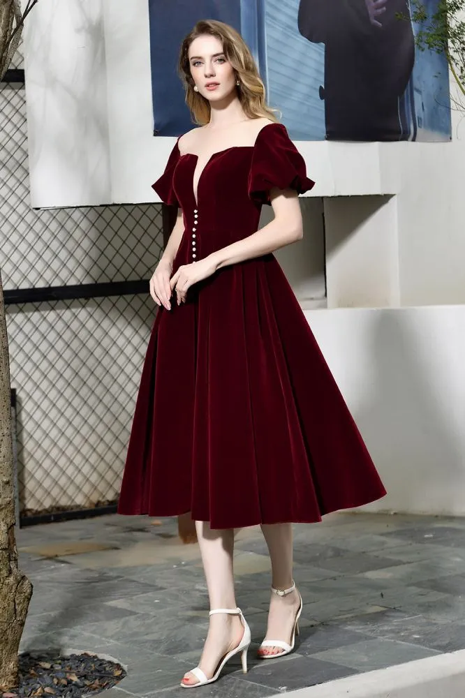 Puff Sleeve Ankle Length  Velvet Daily Casual Dress Deep V-Neck Vintage Party Dress