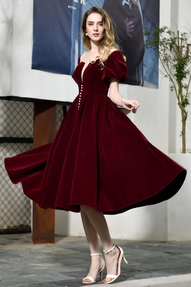 Puff Sleeve Ankle Length  Velvet Daily Casual Dress Deep V-Neck Vintage Party Dress