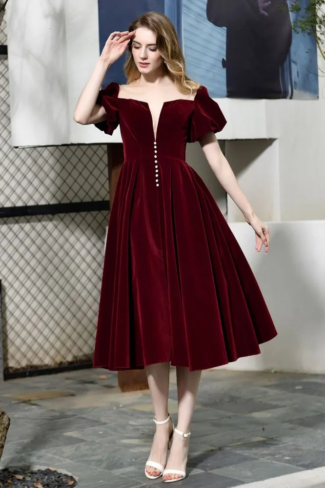 Puff Sleeve Ankle Length  Velvet Daily Casual Dress Deep V-Neck Vintage Party Dress