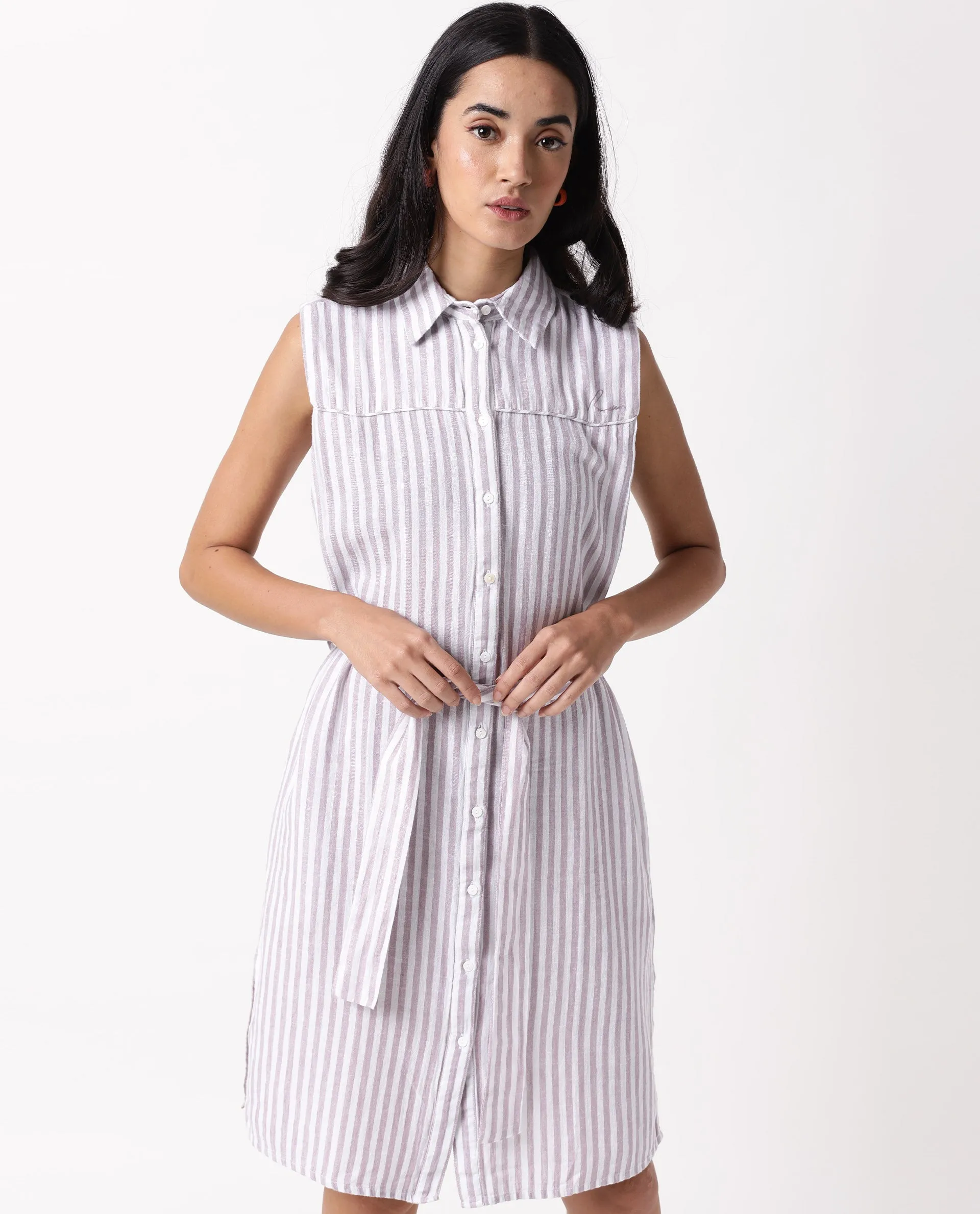 Rareism Women Divz Pastel Purple Striped Shirt Collar Front Button Closure With Waist Belt And Pockets Midi Dress