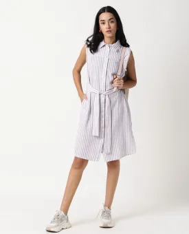 Rareism Women Divz Pastel Purple Striped Shirt Collar Front Button Closure With Waist Belt And Pockets Midi Dress