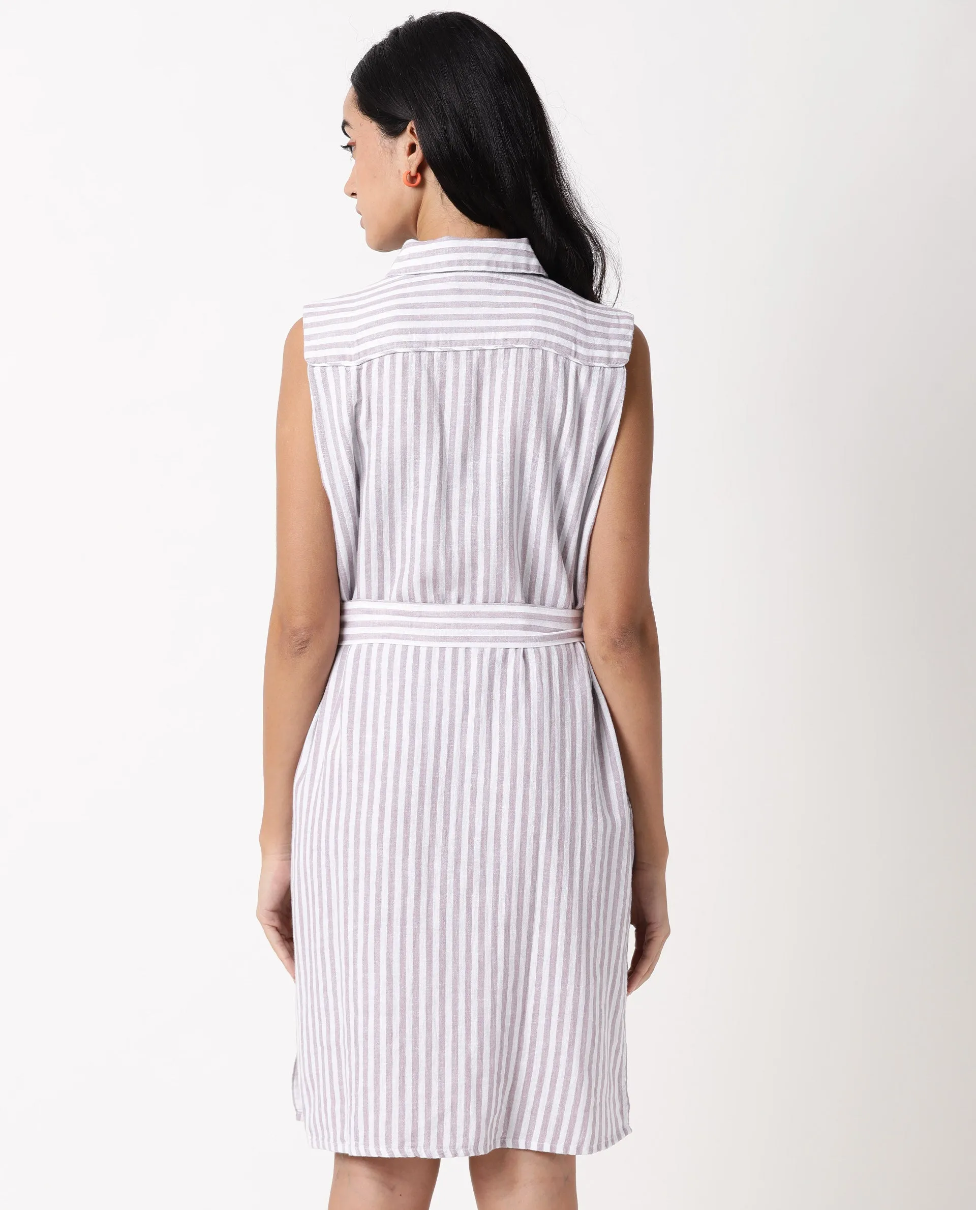 Rareism Women Divz Pastel Purple Striped Shirt Collar Front Button Closure With Waist Belt And Pockets Midi Dress