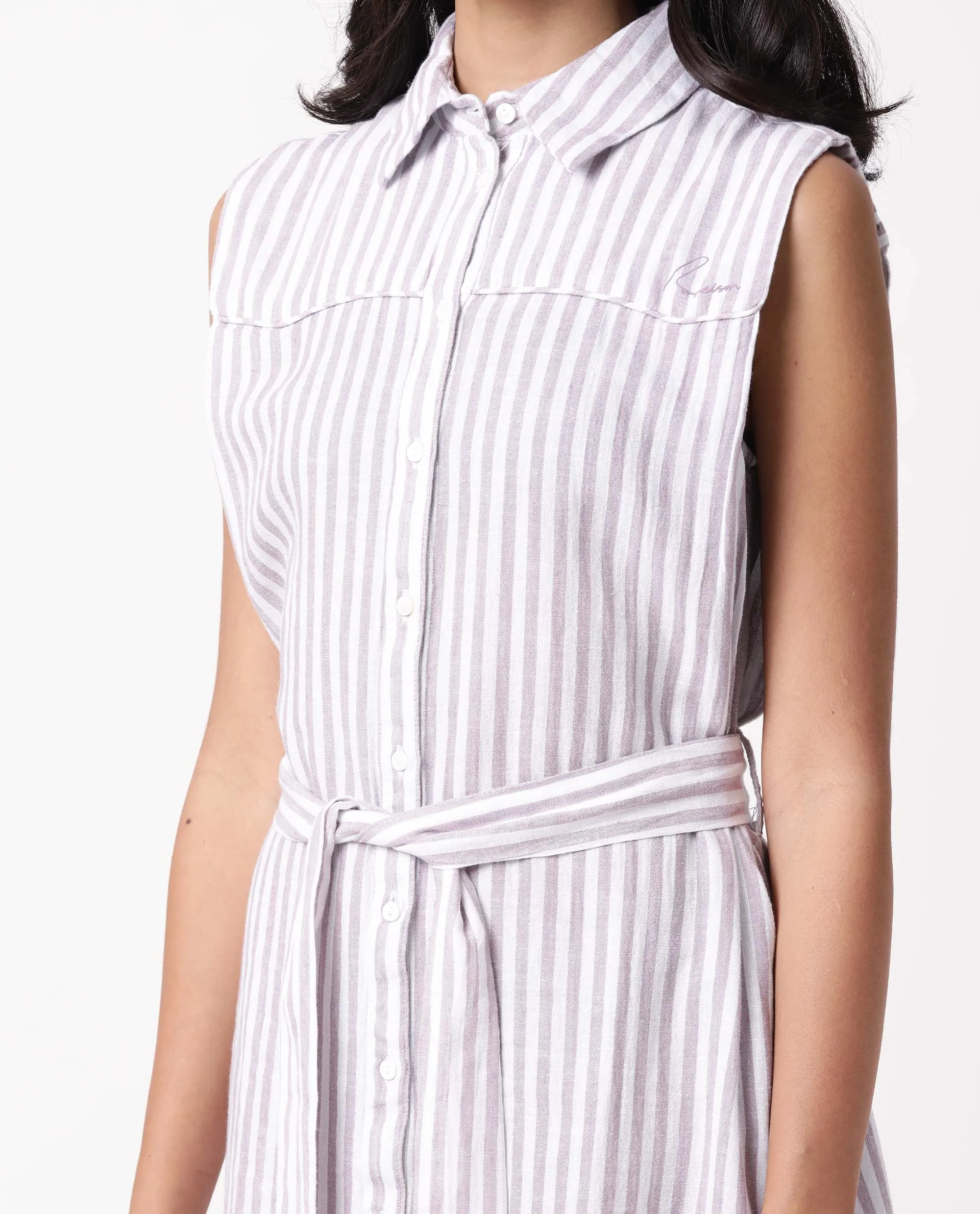 Rareism Women Divz Pastel Purple Striped Shirt Collar Front Button Closure With Waist Belt And Pockets Midi Dress