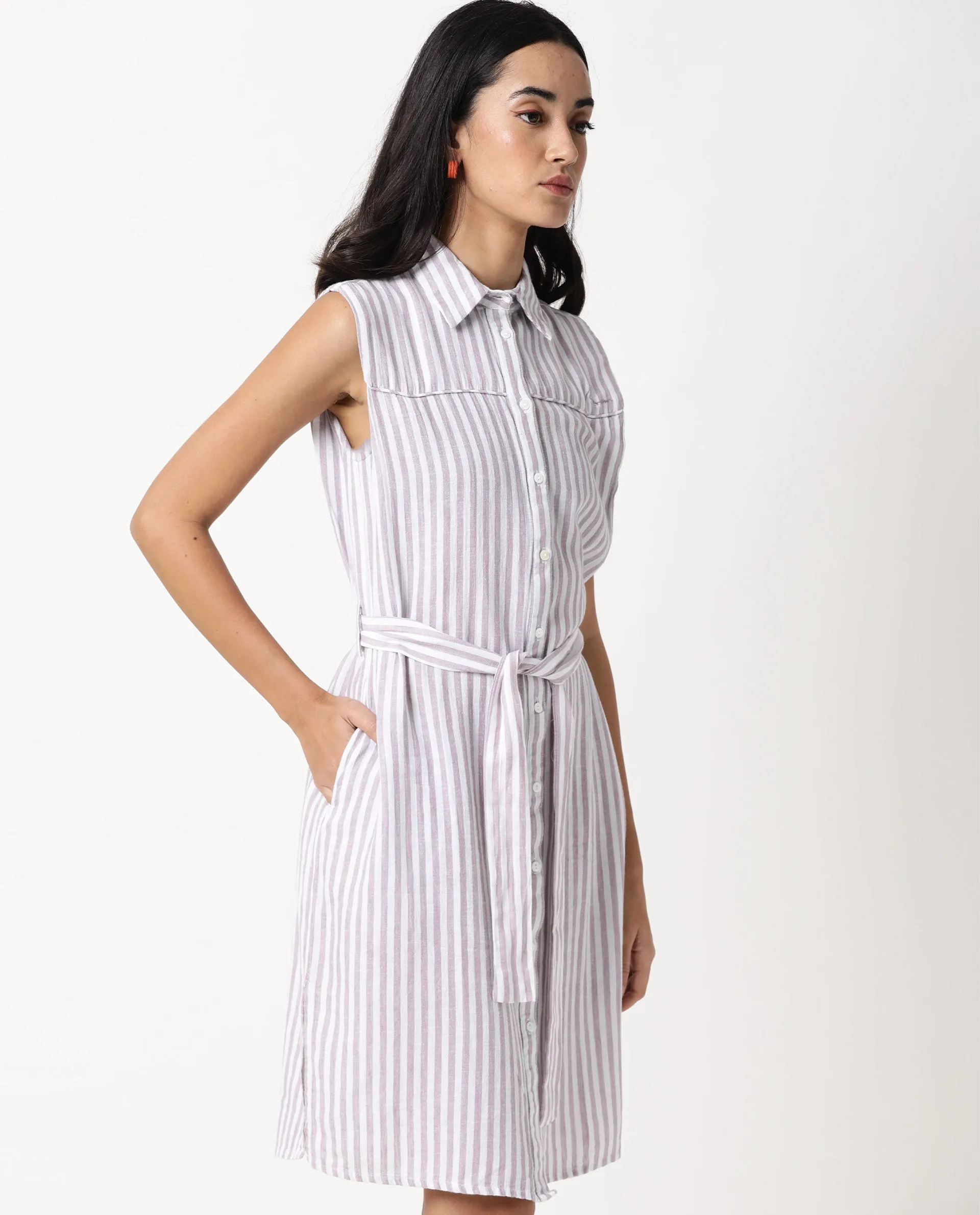 Rareism Women Divz Pastel Purple Striped Shirt Collar Front Button Closure With Waist Belt And Pockets Midi Dress