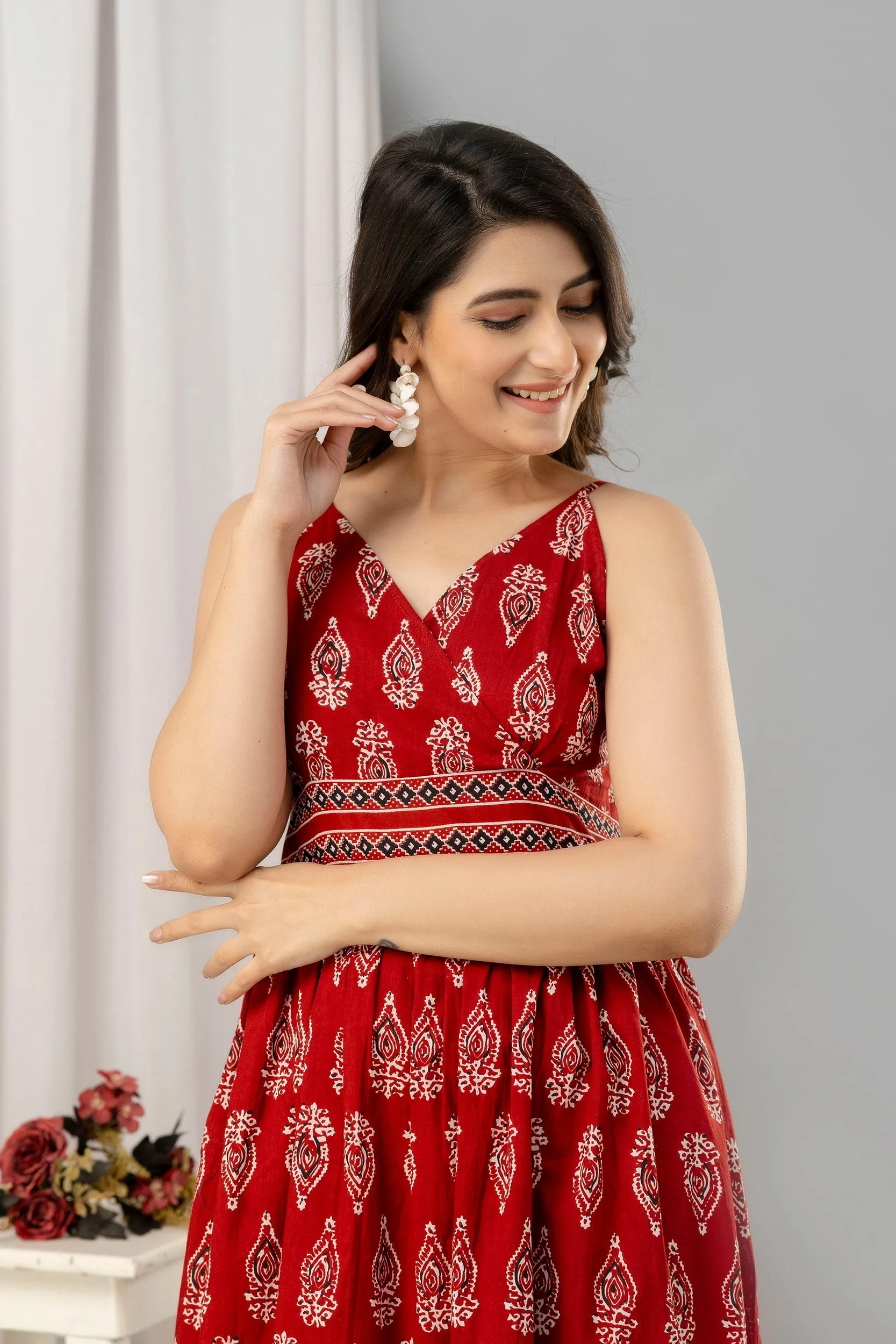 Red Ethnic Motifs Printed Sleeveless Fit and Flare Maxi Dress - SHKUP1449