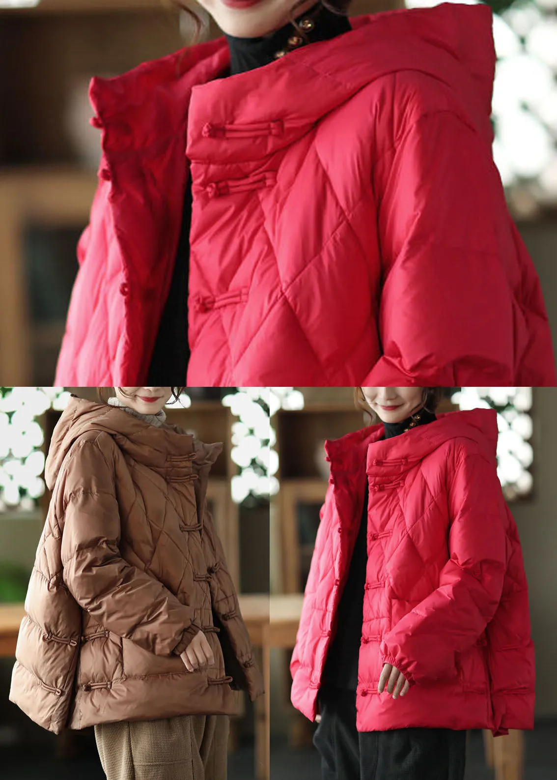 Red Oriental Button Fine Cotton Filled Parkas Oversized Thick Winter