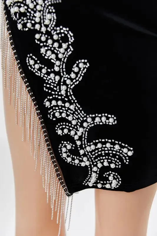 Rhinestone Tassel Pearl Decor Velvet Mini Dress