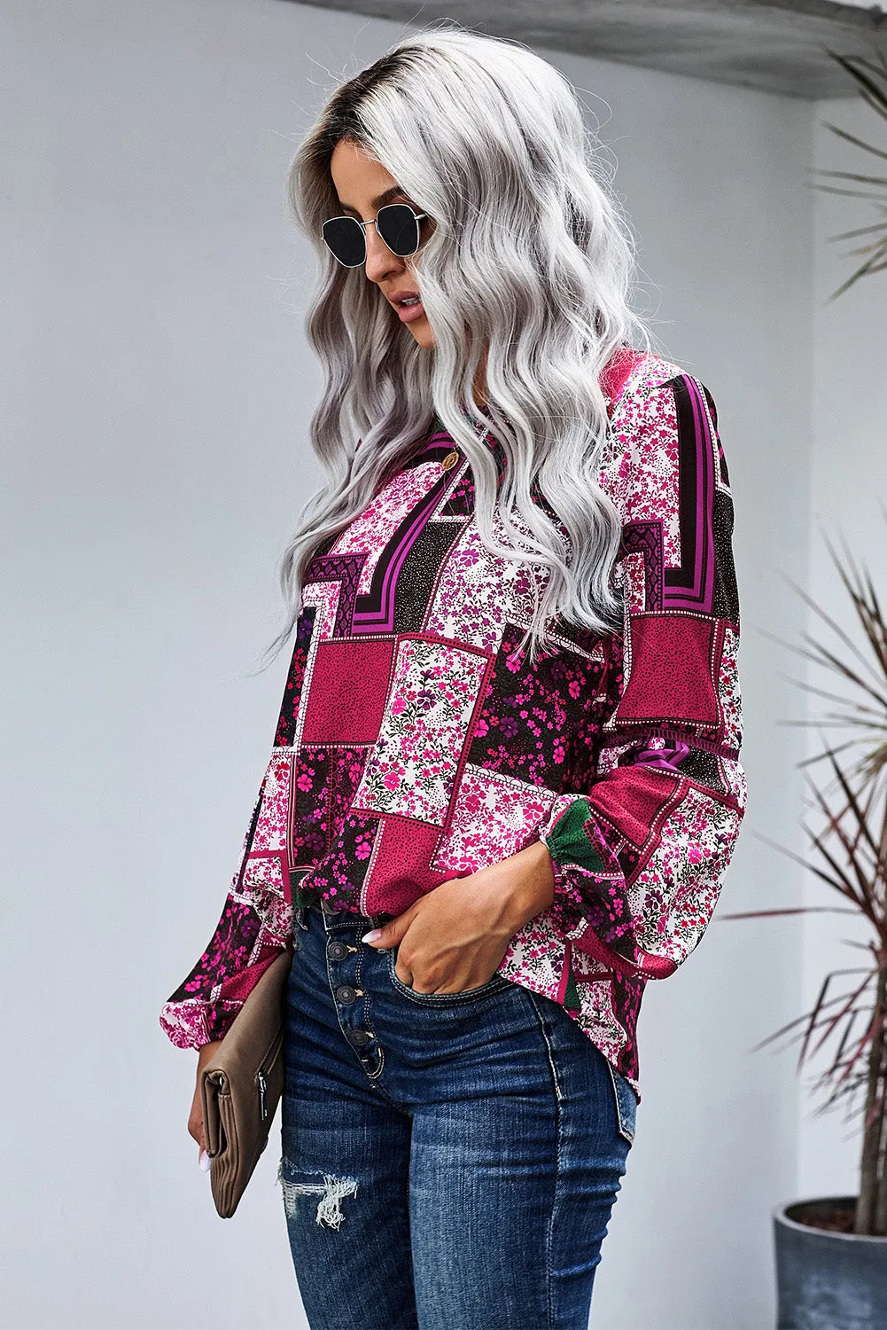 Rose Bohemian Floral Print Patchwork Top