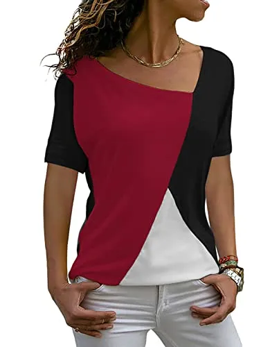 Sarin Mathews Womens Shirts Casual Tee Shirts Short Sleeve Patchwork Color Block Loose Fits Tunic Tops Blouses Burgundy Black 2XL