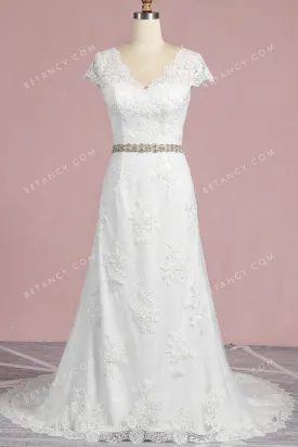 Scalloped V-neck Cap Sleeve Lace Wholesale Wedding Gown