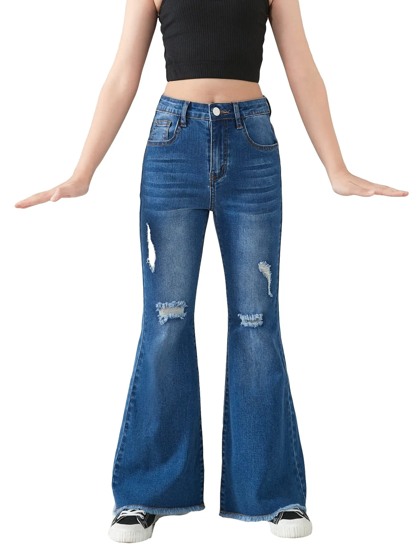 SHENHE Girl's High Waisted Flare Leg Jeans Split Raw Hem Denim Pants with Pockets Dark Wash 11-12Y