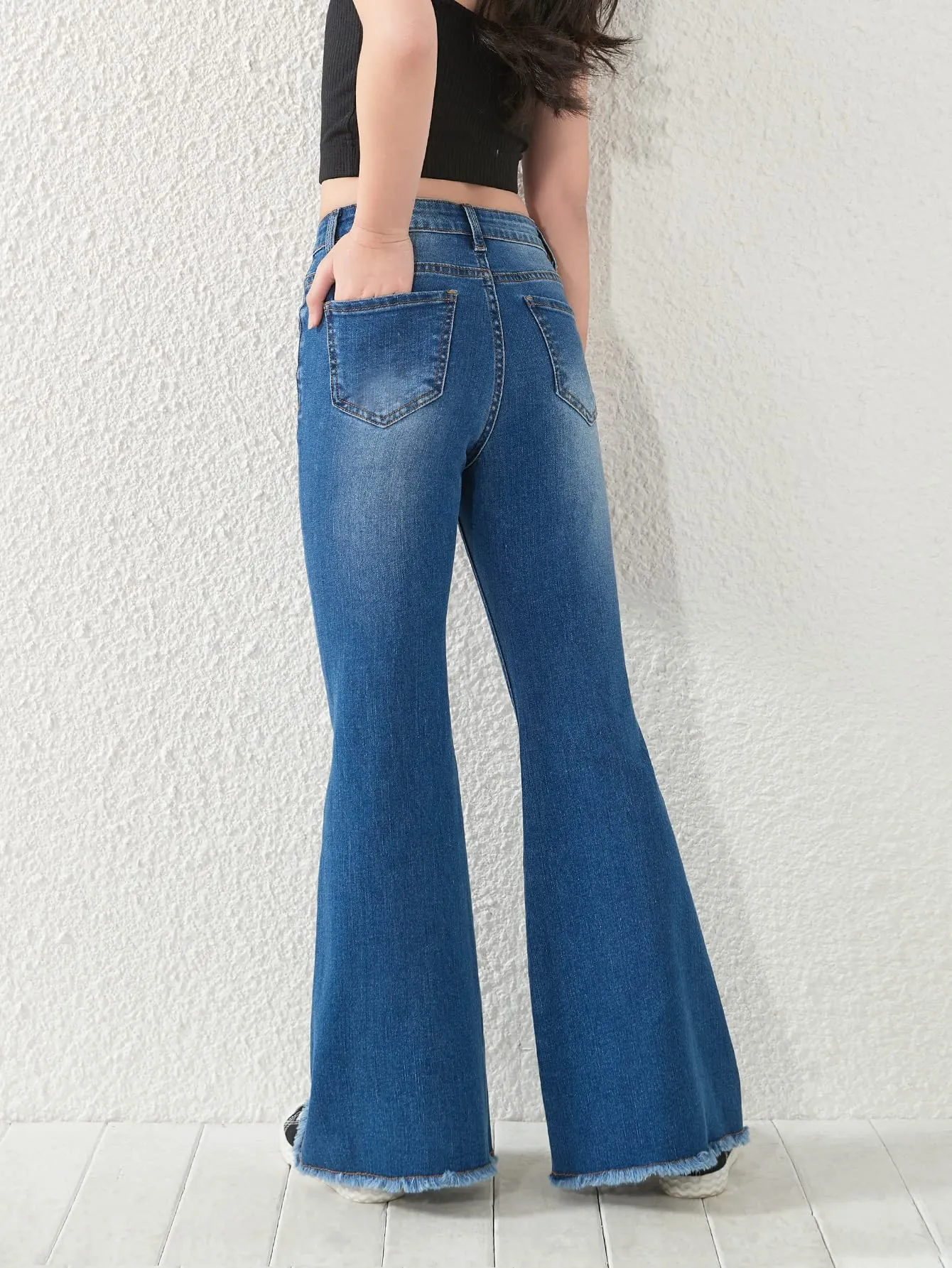 SHENHE Girl's High Waisted Flare Leg Jeans Split Raw Hem Denim Pants with Pockets Dark Wash 11-12Y