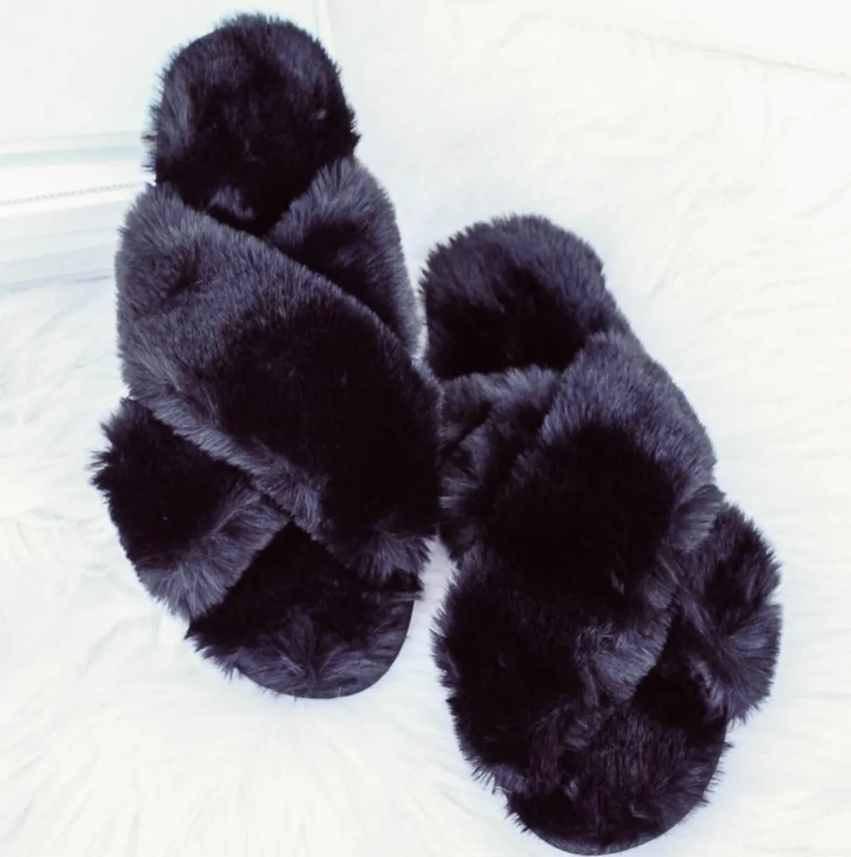 Slippers | Fuzzy Cross Band Slide Slippers