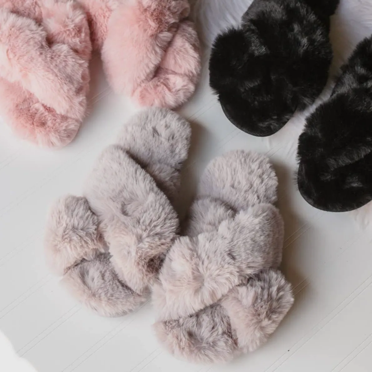 Slippers | Fuzzy Cross Band Slide Slippers