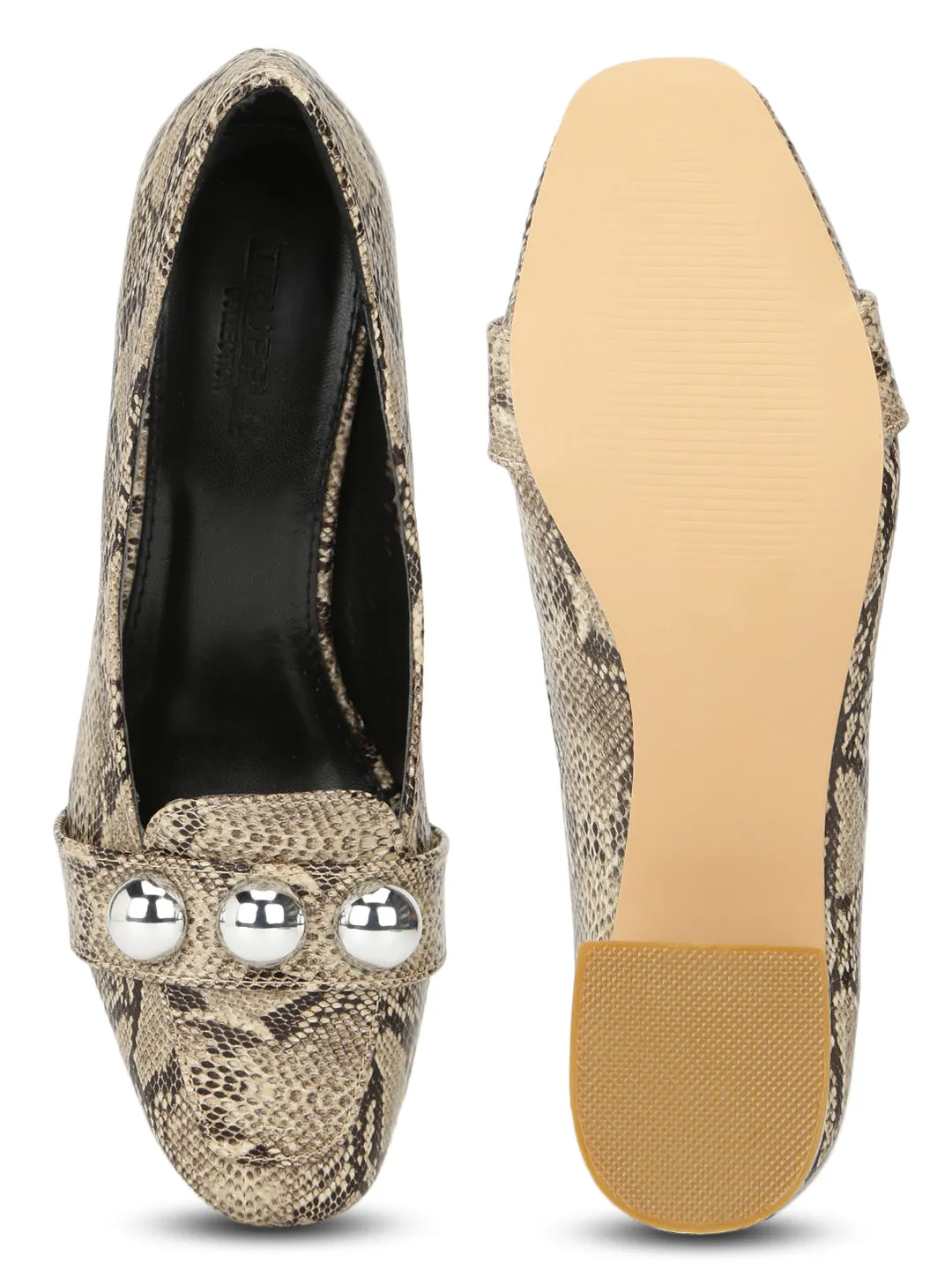 Snake PU Beaded Loafer Style Low Block Heels